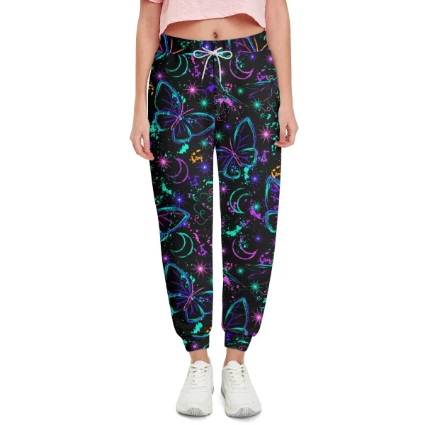 Pantalón jogger negro para mujer con estampado 3D de mariposas y libélulas neón, lunas crecientes y salpicaduras cósmicas.