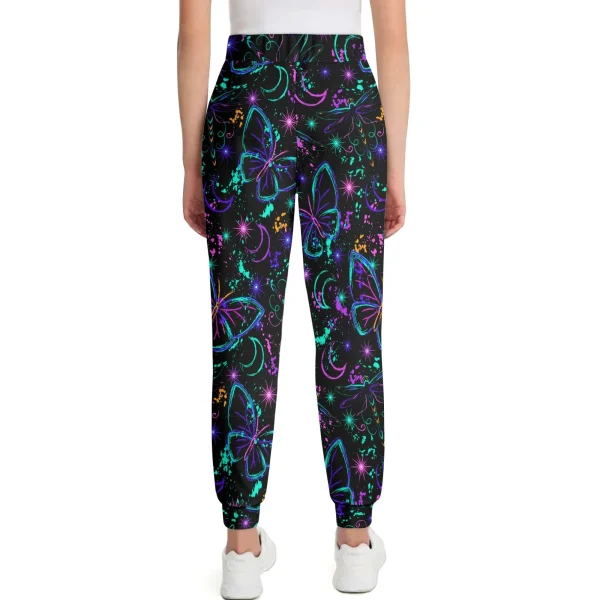 Pantalón jogger negro para mujer con estampado 3D de mariposas y libélulas neón, lunas crecientes y salpicaduras cósmicas.