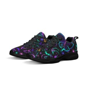 Zapatillas negras y blancas para running con estampado de mariposas y libélulas neón en azul, morado y verde, lunas crecientes y suela EVA antideslizante.