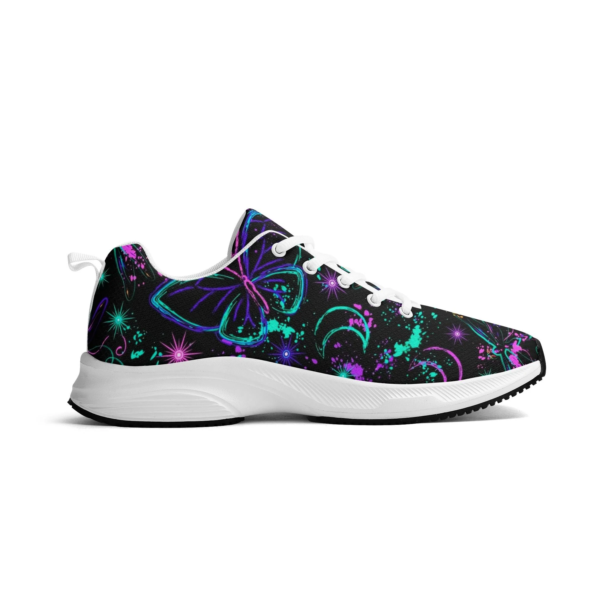Zapatillas negras y blancas para running con estampado de mariposas y libélulas neón en azul, morado y verde, lunas crecientes y suela EVA antideslizante.