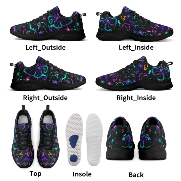 Zapatillas negras y blancas para running con estampado de mariposas y libélulas neón en azul, morado y verde, lunas crecientes y suela EVA antideslizante.