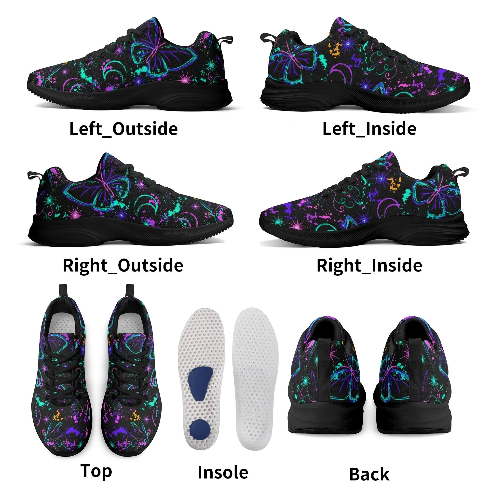 Zapatillas negras y blancas para running con estampado de mariposas y libélulas neón en azul, morado y verde, lunas crecientes y suela EVA antideslizante.