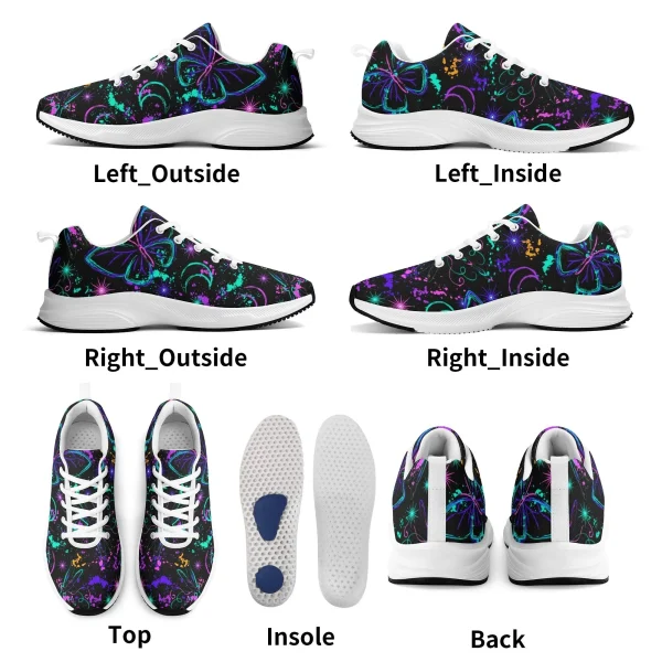Zapatillas negras y blancas para running con estampado de mariposas y libélulas neón en azul, morado y verde, lunas crecientes y suela EVA antideslizante.