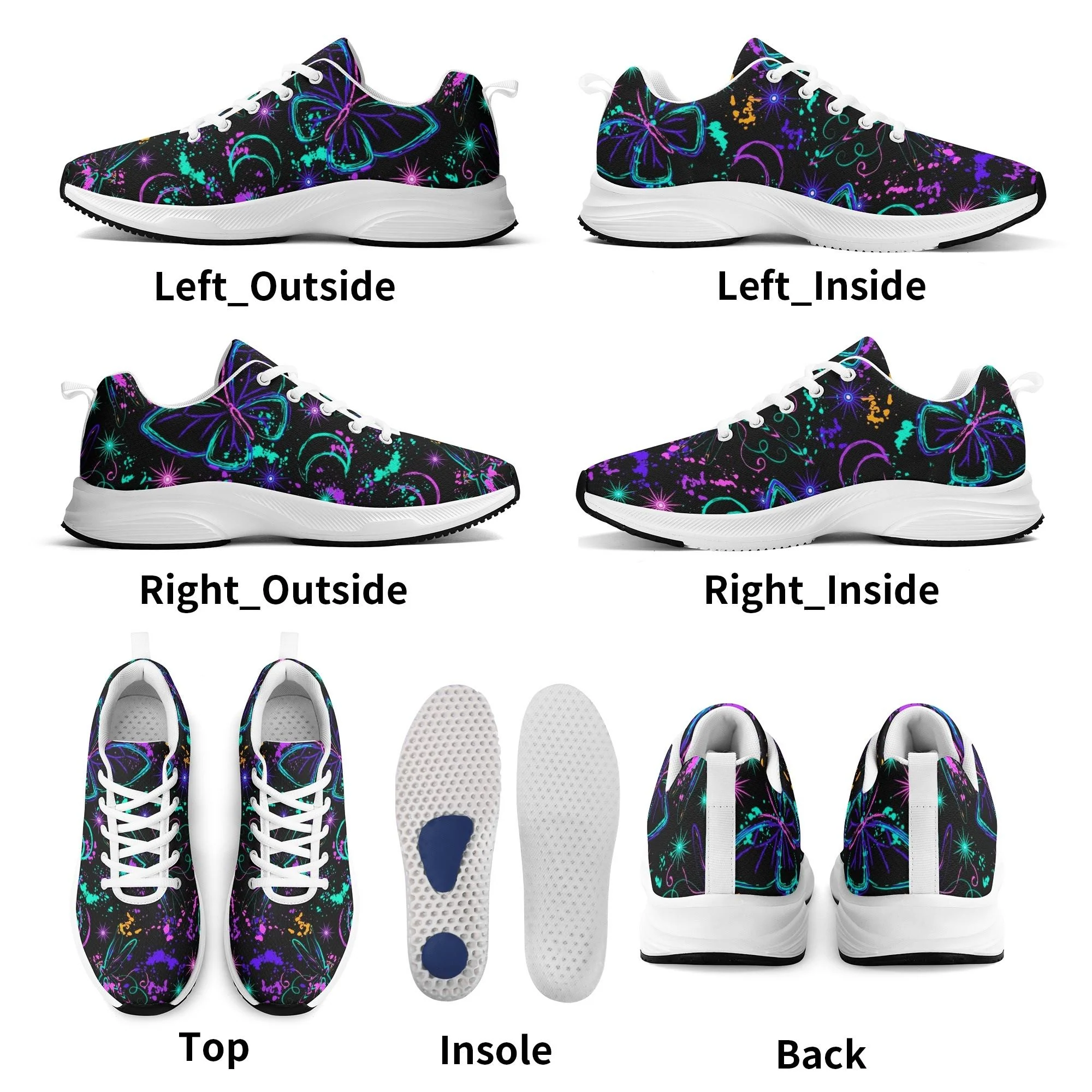 Zapatillas negras y blancas para running con estampado de mariposas y libélulas neón en azul, morado y verde, lunas crecientes y suela EVA antideslizante.