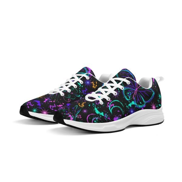 Zapatillas negras y blancas para running con estampado de mariposas y libélulas neón en azul, morado y verde, lunas crecientes y suela EVA antideslizante.
