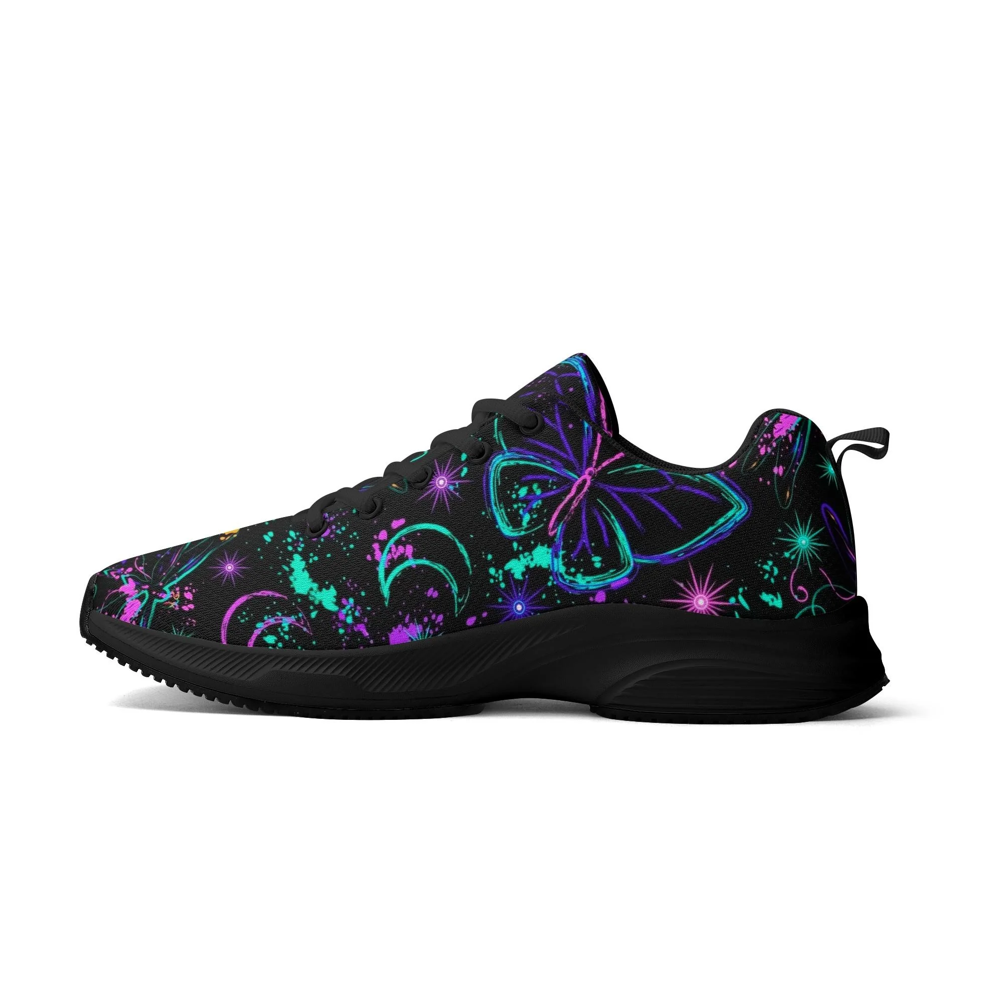 Zapatillas negras y blancas para running con estampado de mariposas y libélulas neón en azul, morado y verde, lunas crecientes y suela EVA antideslizante.