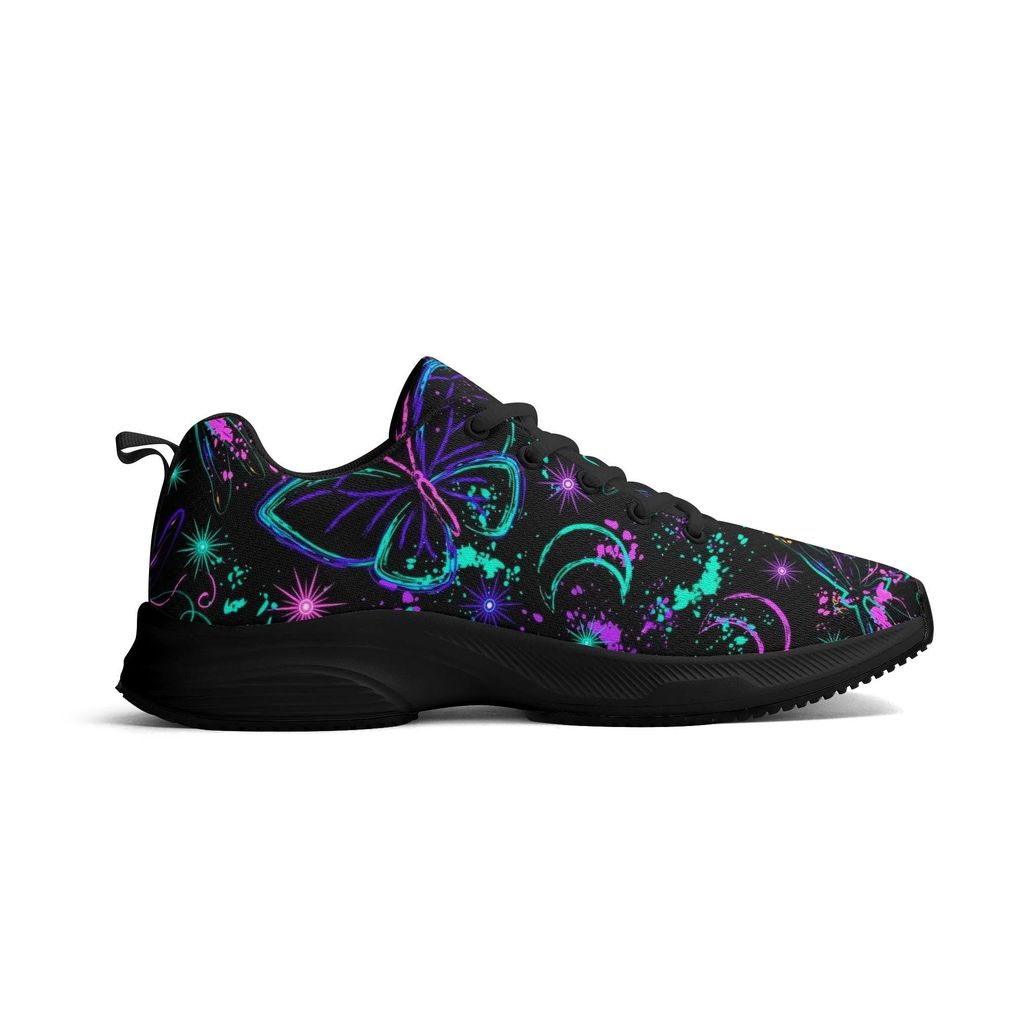 Zapatillas negras y blancas para running con estampado de mariposas y libélulas neón en azul, morado y verde, lunas crecientes y suela EVA antideslizante.