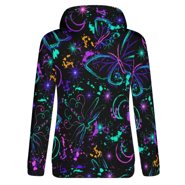 Sudadera negra con capucha para mujer, estampado all-over de mariposas y libélulas neón, lunas crecientes y salpicaduras cósmicas.