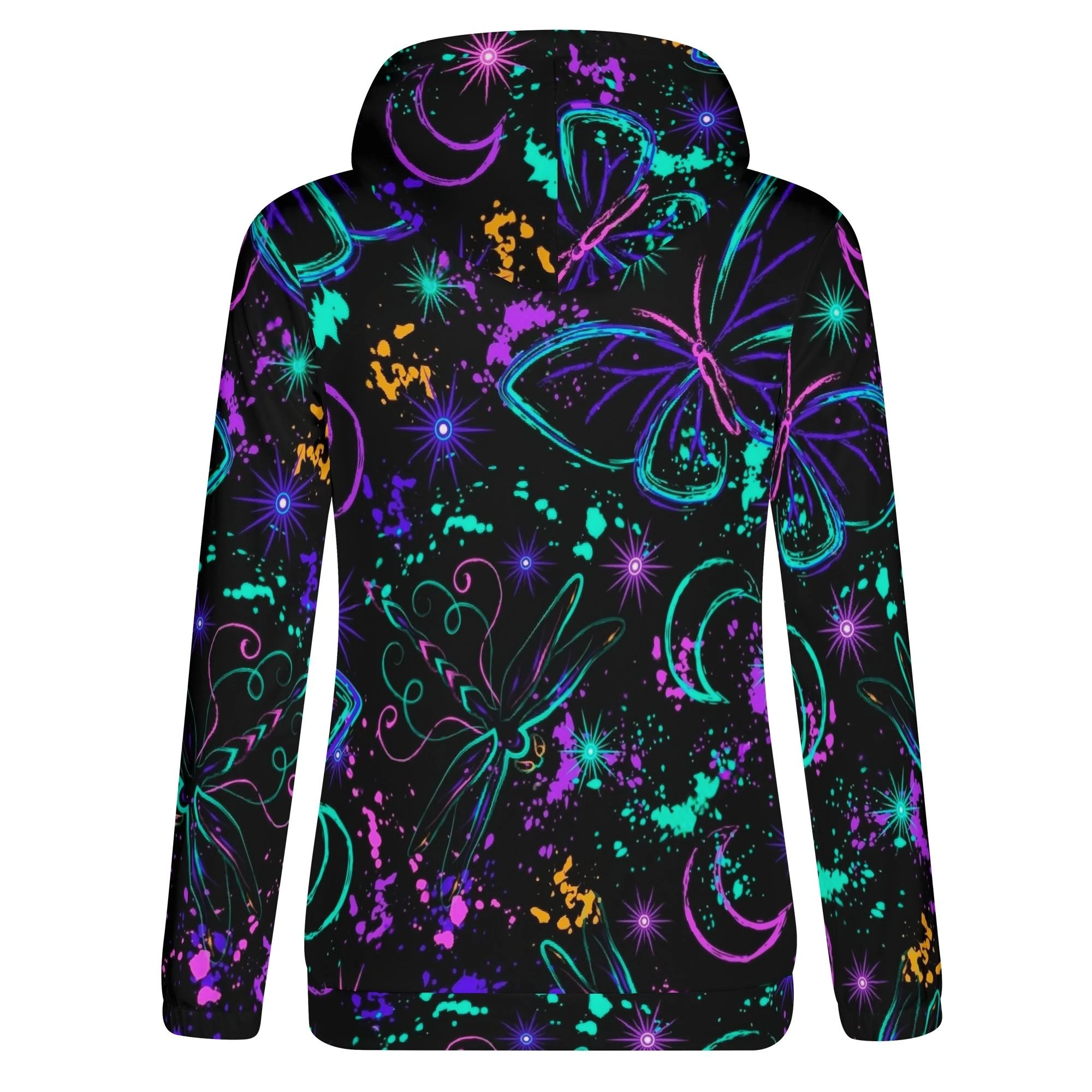 Sudadera negra con capucha para mujer, estampado all-over de mariposas y libélulas neón, lunas crecientes y salpicaduras cósmicas.