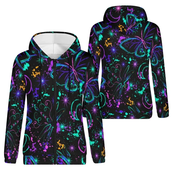 Sudadera negra con capucha para mujer, estampado all-over de mariposas y libélulas neón, lunas crecientes y salpicaduras cósmicas.