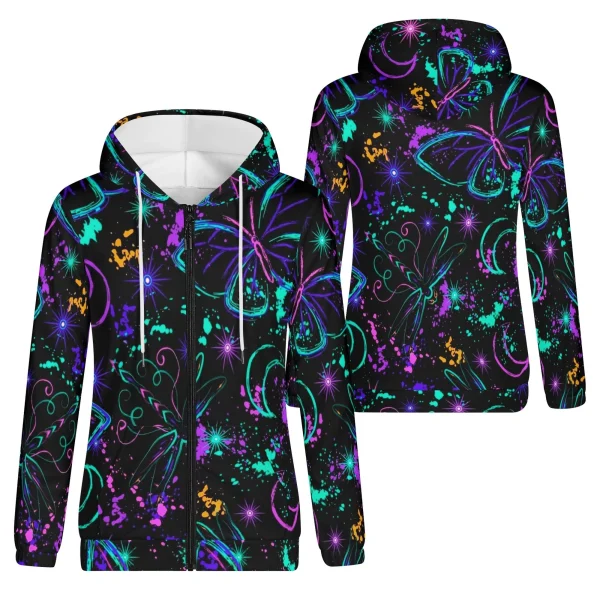 Sudadera negra con capucha para mujer, estampado all-over de mariposas y libélulas neón, lunas crecientes y salpicaduras cósmicas.