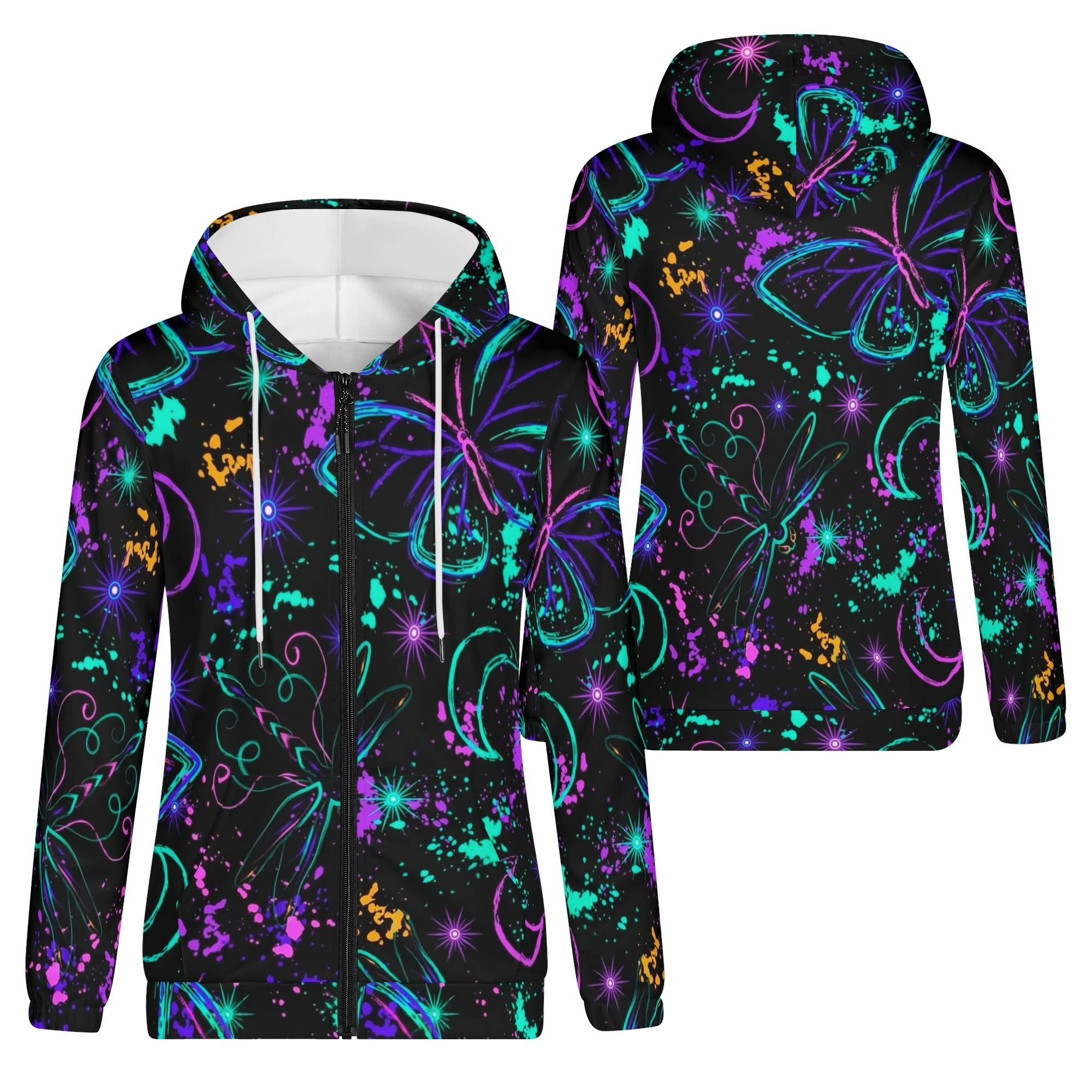 Sudadera negra con capucha para mujer, estampado all-over de mariposas y libélulas neón, lunas crecientes y salpicaduras cósmicas.
