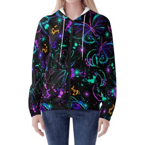 Sudadera negra con capucha para mujer, estampado all-over de mariposas y libélulas neón, lunas crecientes y salpicaduras cósmicas.