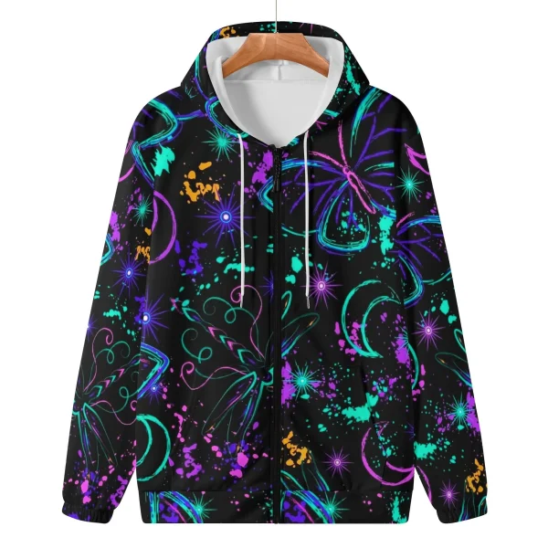 Sudadera negra con capucha para mujer, estampado all-over de mariposas y libélulas neón, lunas crecientes y salpicaduras cósmicas.