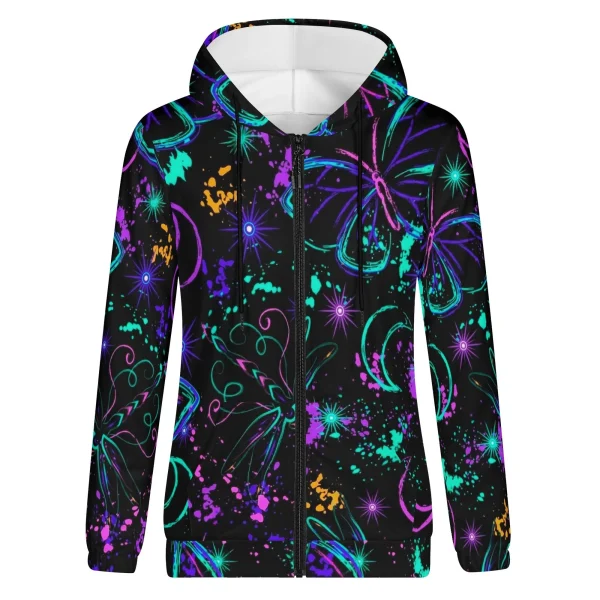 Sudadera negra con capucha para mujer, estampado all-over de mariposas y libélulas neón, lunas crecientes y salpicaduras cósmicas.