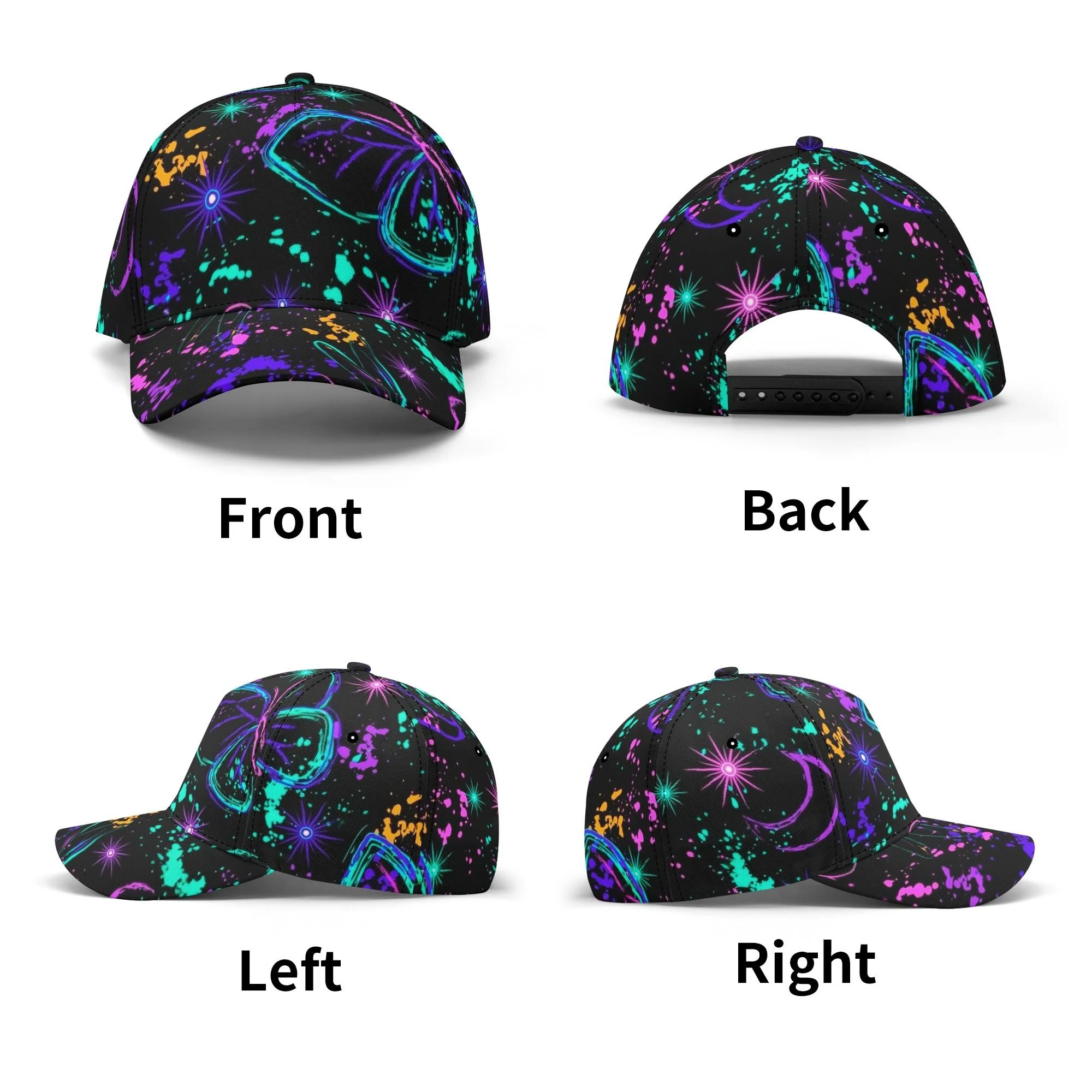 Gorra negra de béisbol con estampado de mariposas y libélulas neón, lunas crecientes y estrellas sobre fondo negro.