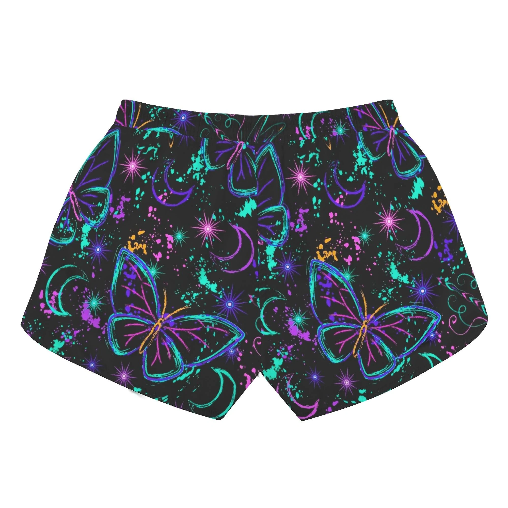 Shorts negros para mujer con estampado all-over de mariposas y libélulas neón, lunas crecientes y salpicaduras cósmicas.