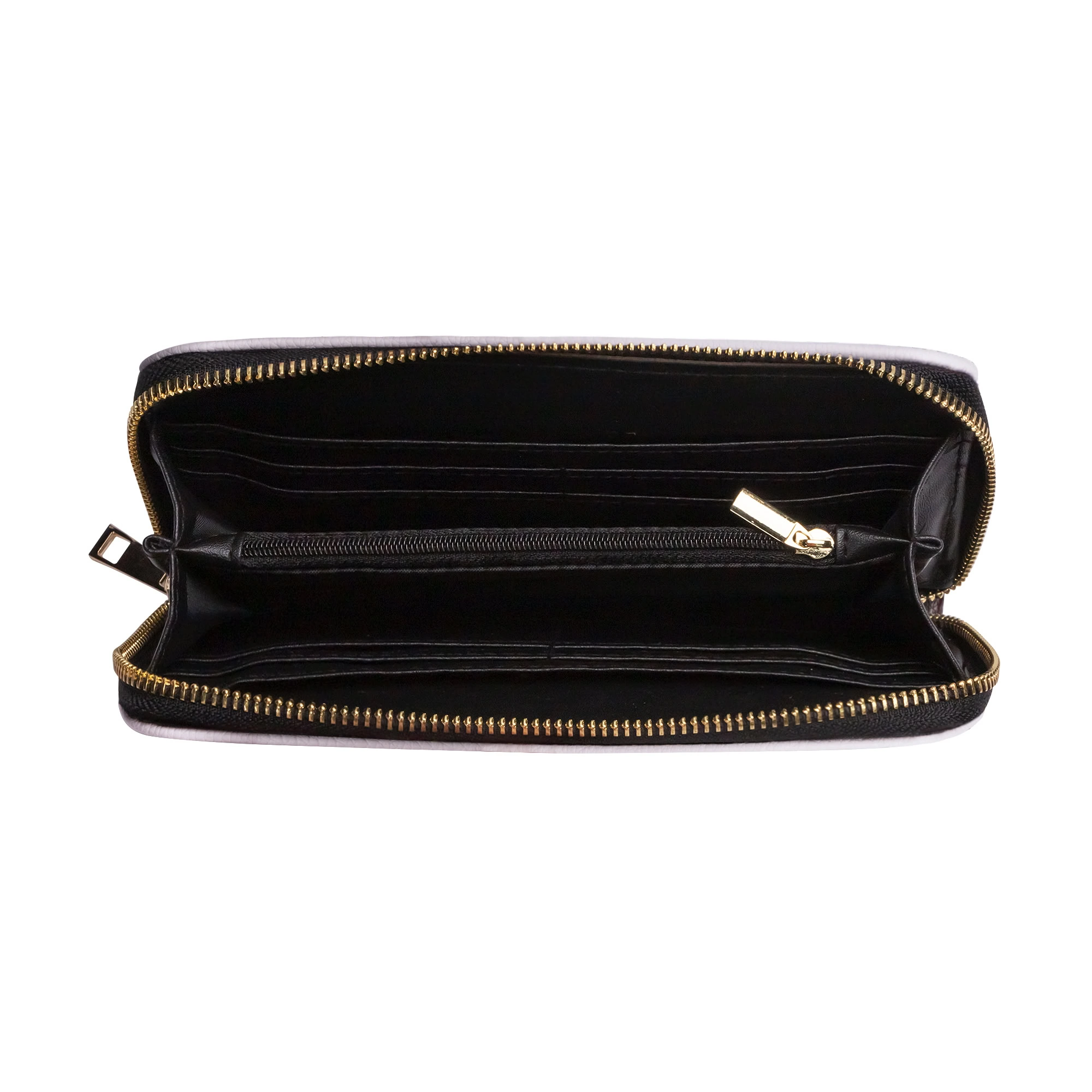 Cartera Monograma Chic en piel sintética con patrón elegante marrón oscuro y dorado.