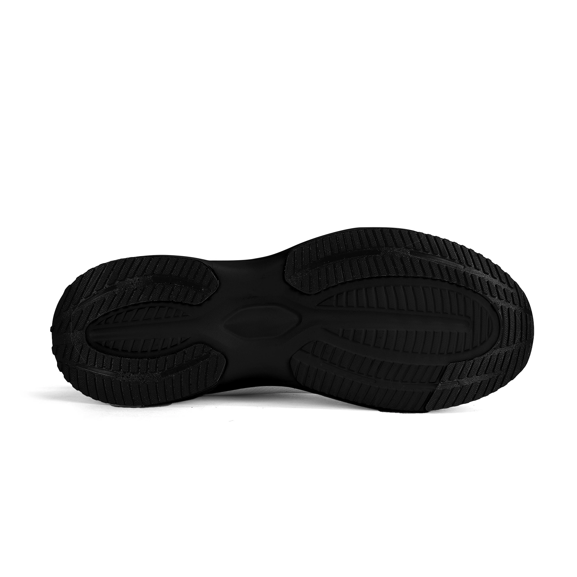 Zapatillas negras y blancas para running con estampado de mariposas y libélulas neón en azul, morado y verde, lunas crecientes y suela EVA antideslizante.