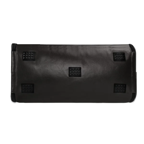 Bolso de viaje plegable en piel PU con estampado floral en marrón y dorado, mostrando compartimentos internos y cremalleras metálicas.