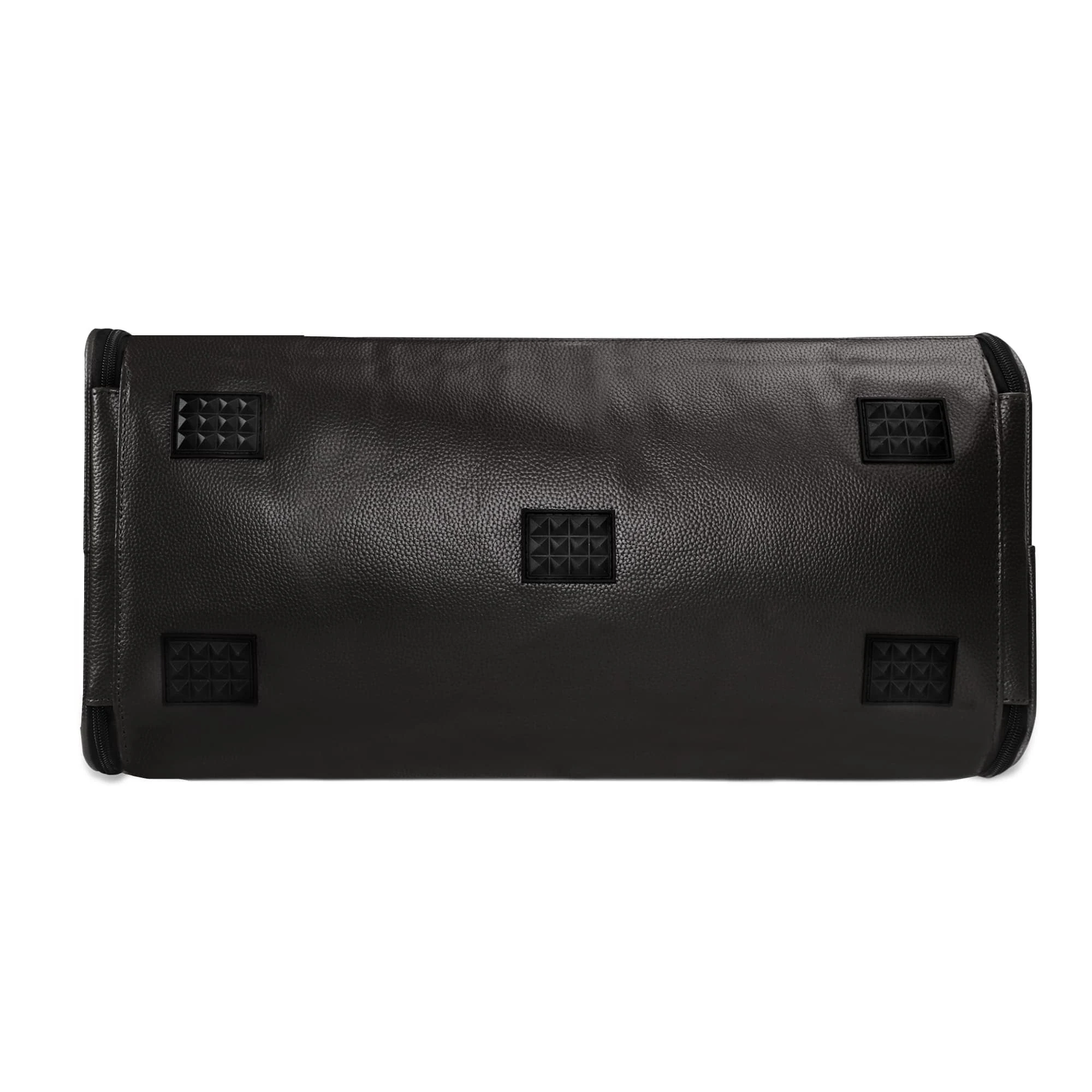 Bolso de viaje plegable en piel PU con estampado floral en marrón y dorado, mostrando compartimentos internos y cremalleras metálicas.