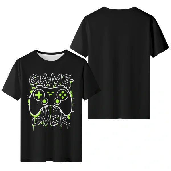 Camiseta negra para hombre con estampado de mando de videojuegos en blanco y verde neón, y texto "GAME OVER" con efecto de goteo.