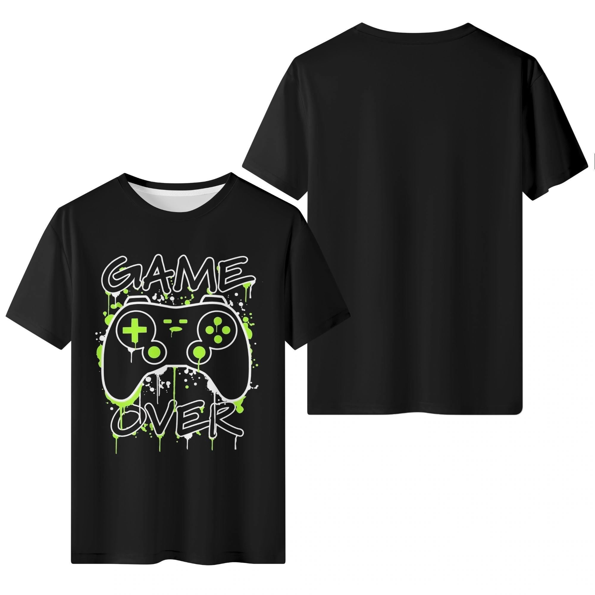 Camiseta negra para hombre con estampado de mando de videojuegos en blanco y verde neón, y texto "GAME OVER" con efecto de goteo.