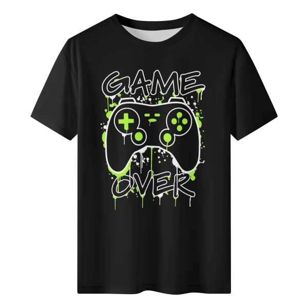 Camiseta negra para hombre con estampado de mando de videojuegos en blanco y verde neón, y texto "GAME OVER" con efecto de goteo.