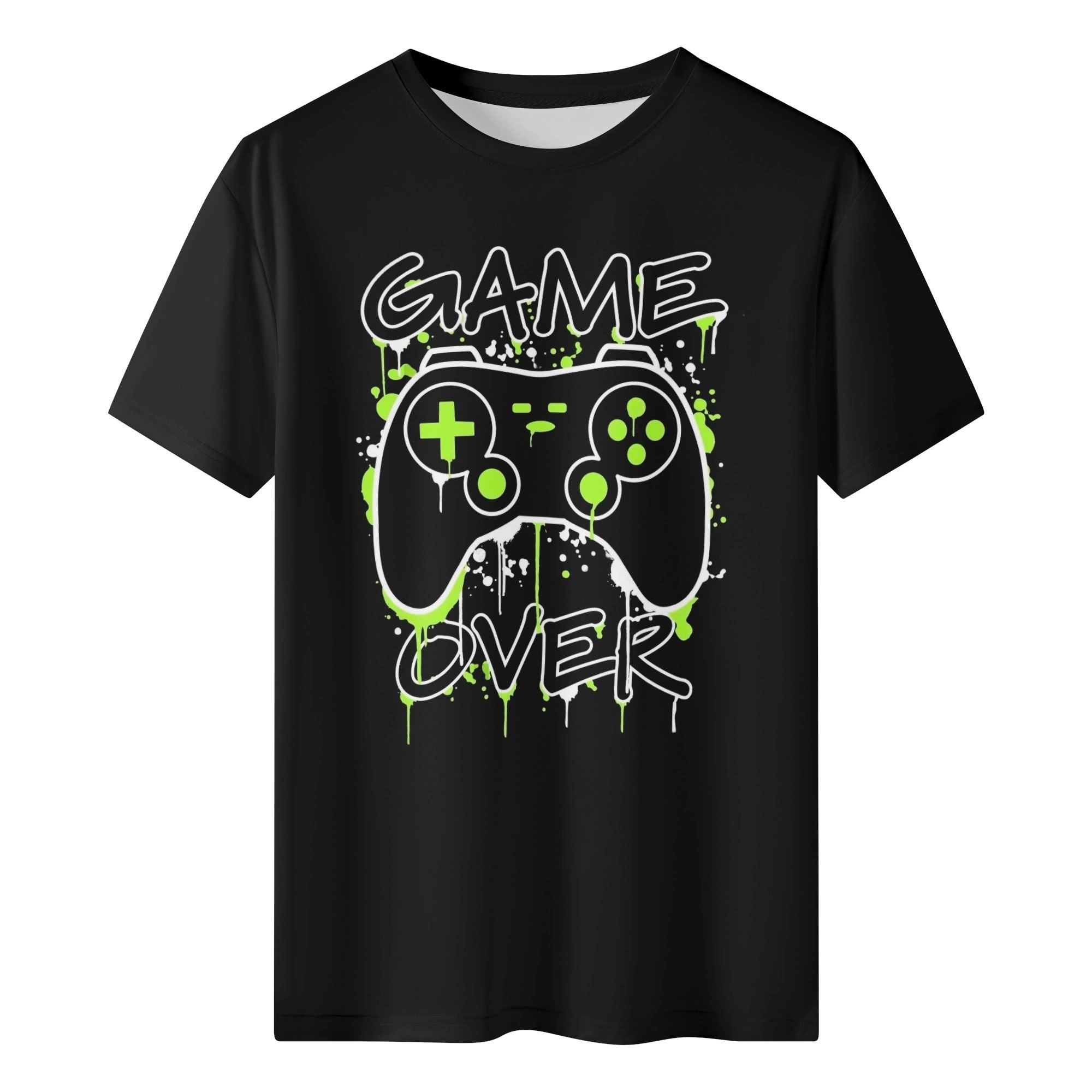 Camiseta negra para hombre con estampado de mando de videojuegos en blanco y verde neón, y texto "GAME OVER" con efecto de goteo.