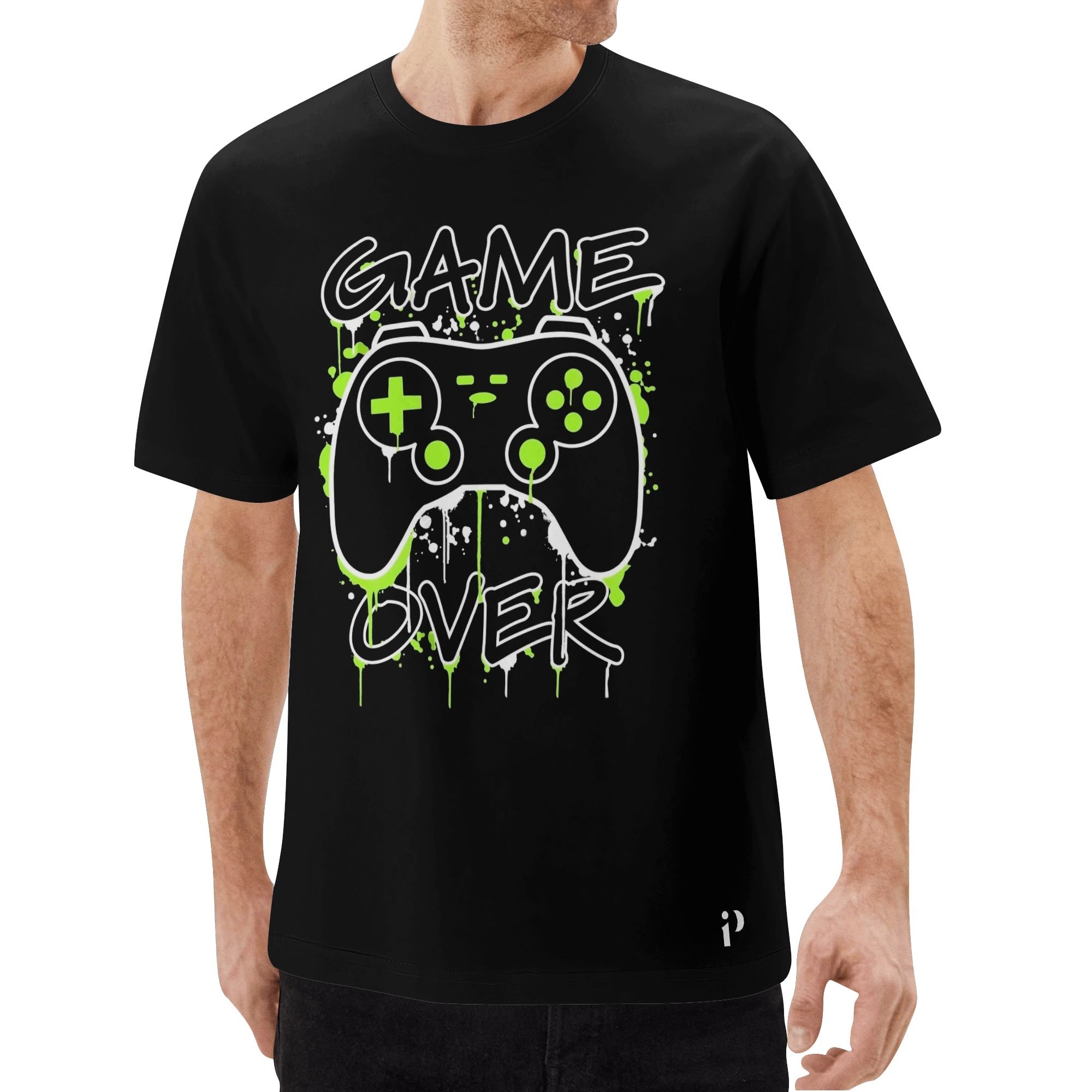 Camiseta negra para hombre con estampado de mando de videojuegos en blanco y verde neón, y texto "GAME OVER" con efecto de goteo.