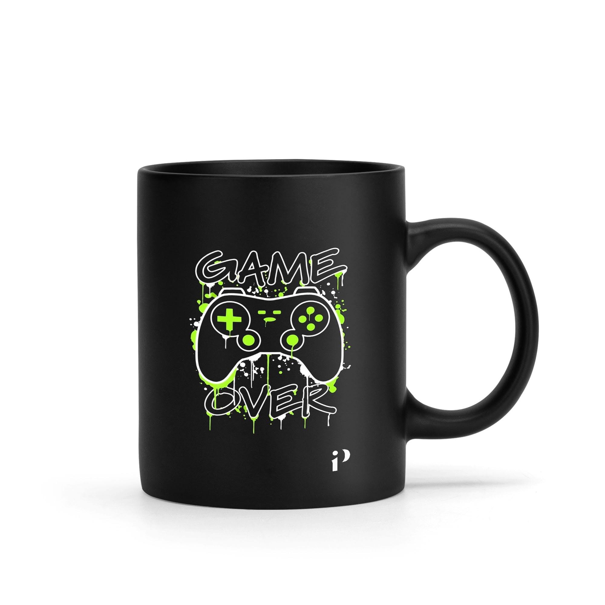 Taza negra de cerámica de 11 oz con estampado de mando de videojuegos en blanco y verde neón, y texto "GAME OVER" con efecto de goteo.