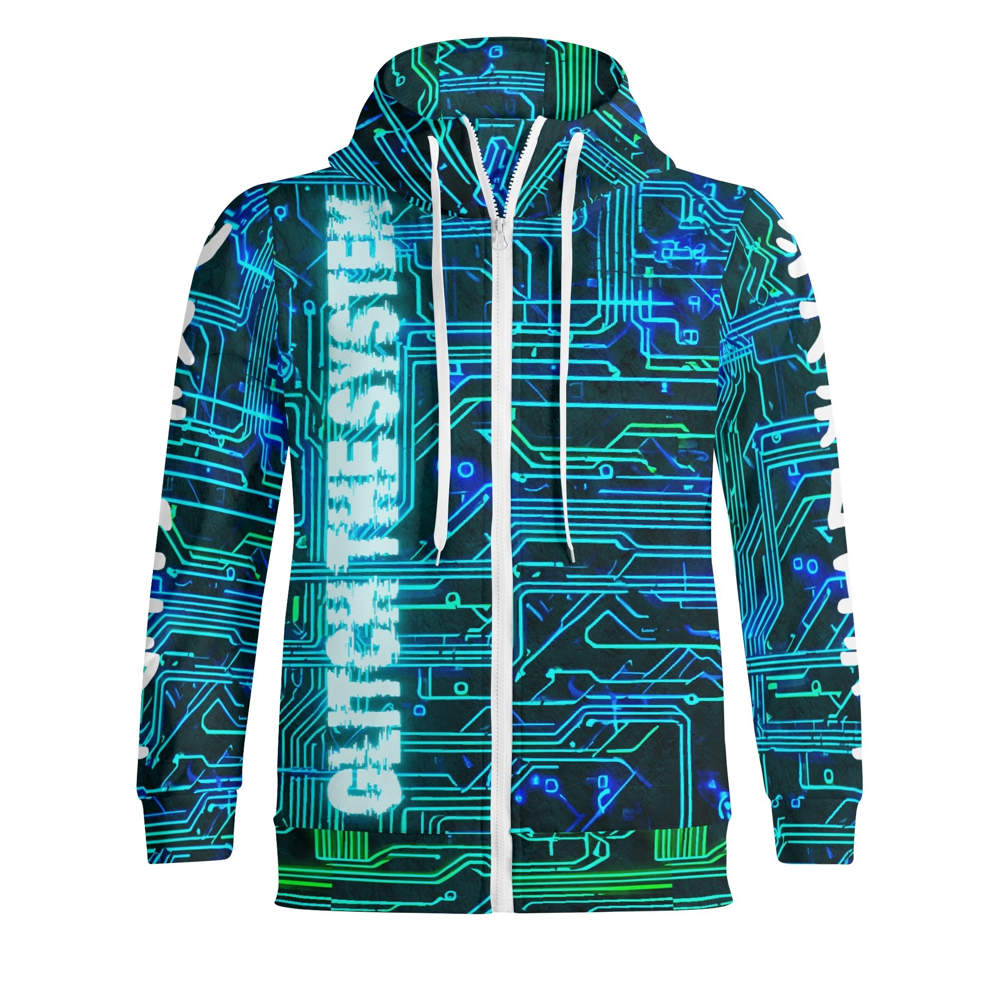 Sudadera negra con capucha y cremallera completa, estampado de circuitos electrónicos en azul y verde neón, y texto "glitch the system" en efecto distorsionado.