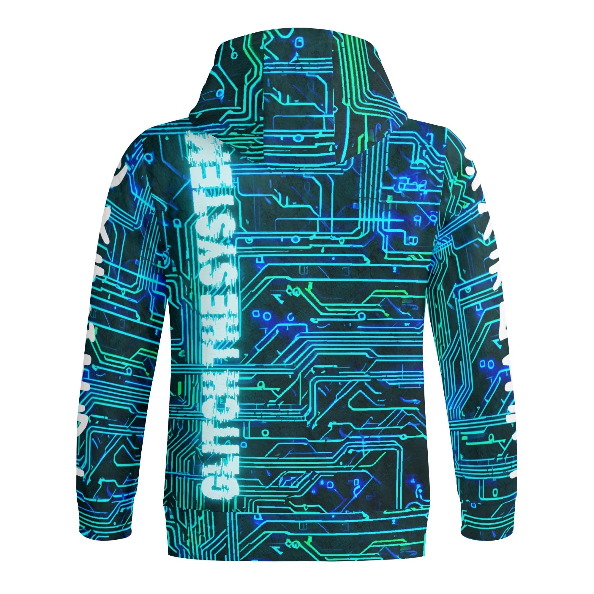 Sudadera negra con capucha y cremallera completa, estampado de circuitos electrónicos en azul y verde neón, y texto "glitch the system" en efecto distorsionado.