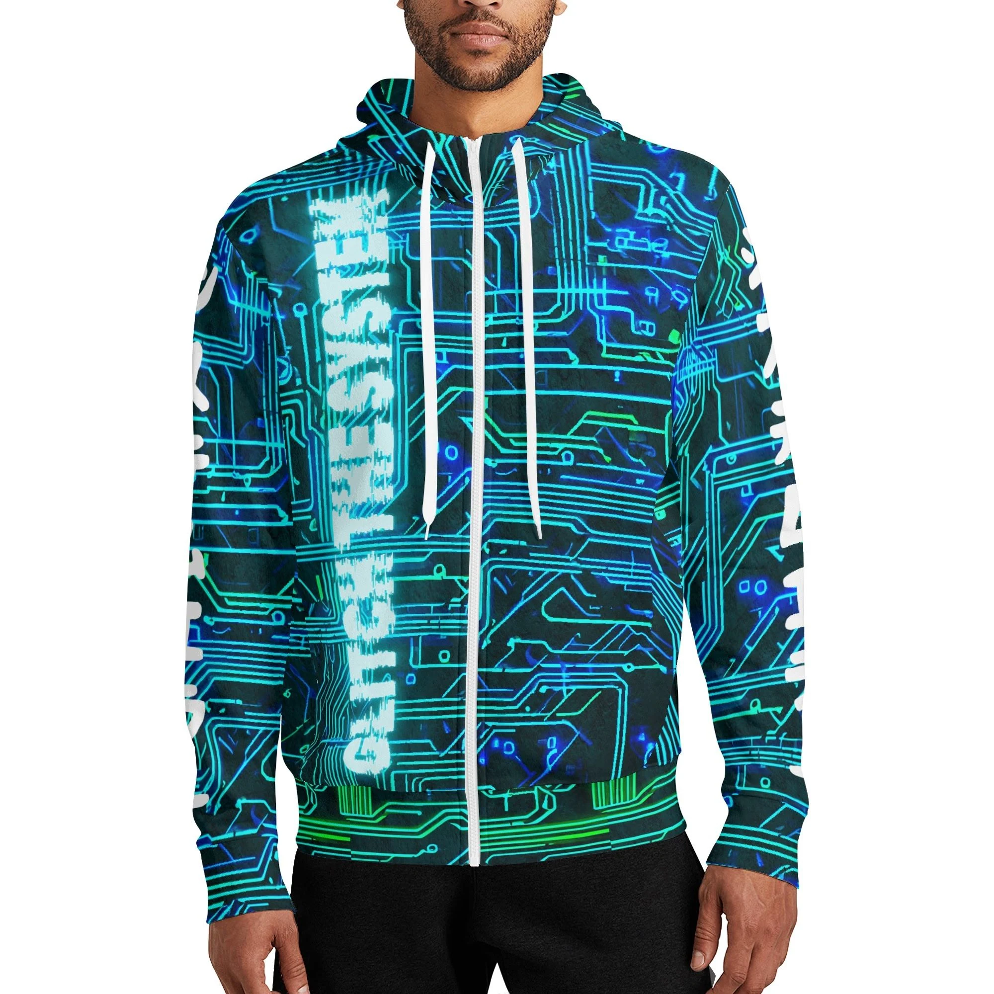Sudadera negra con capucha y cremallera completa, estampado de circuitos electrónicos en azul y verde neón, y texto "glitch the system" en efecto distorsionado.