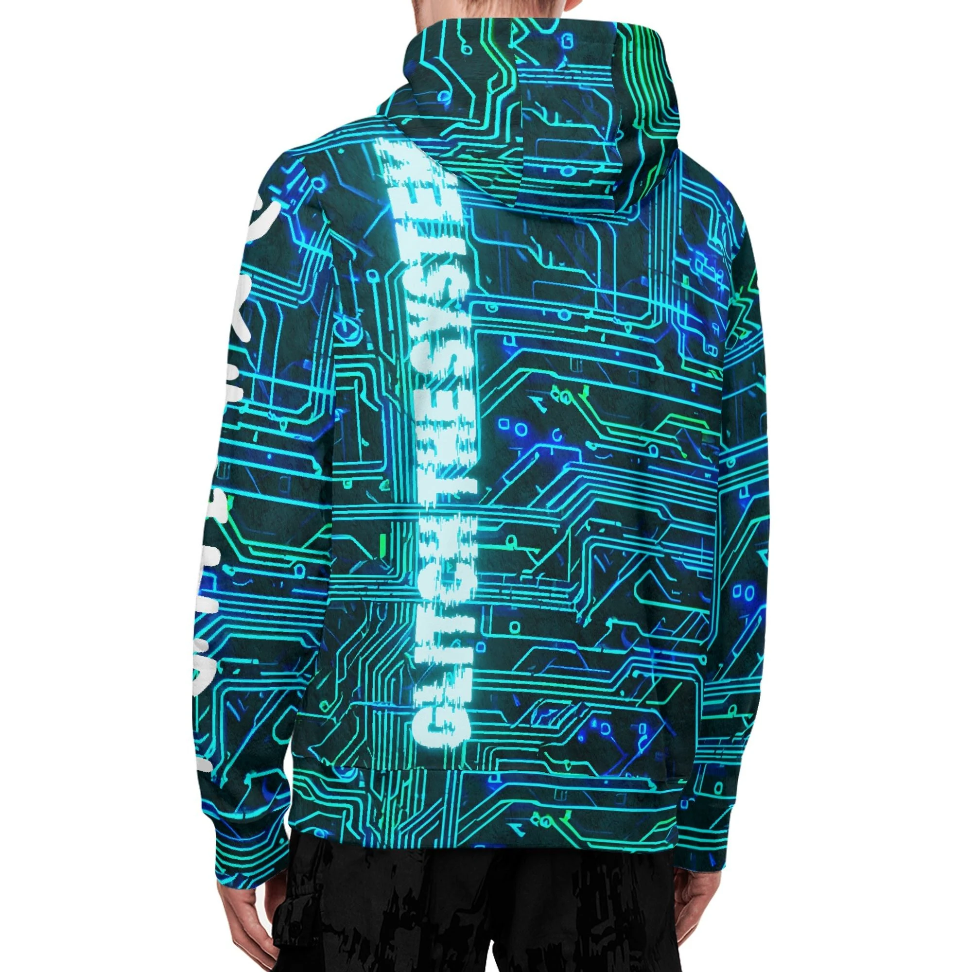 Sudadera negra con capucha y cremallera completa, estampado de circuitos electrónicos en azul y verde neón, y texto "glitch the system" en efecto distorsionado.