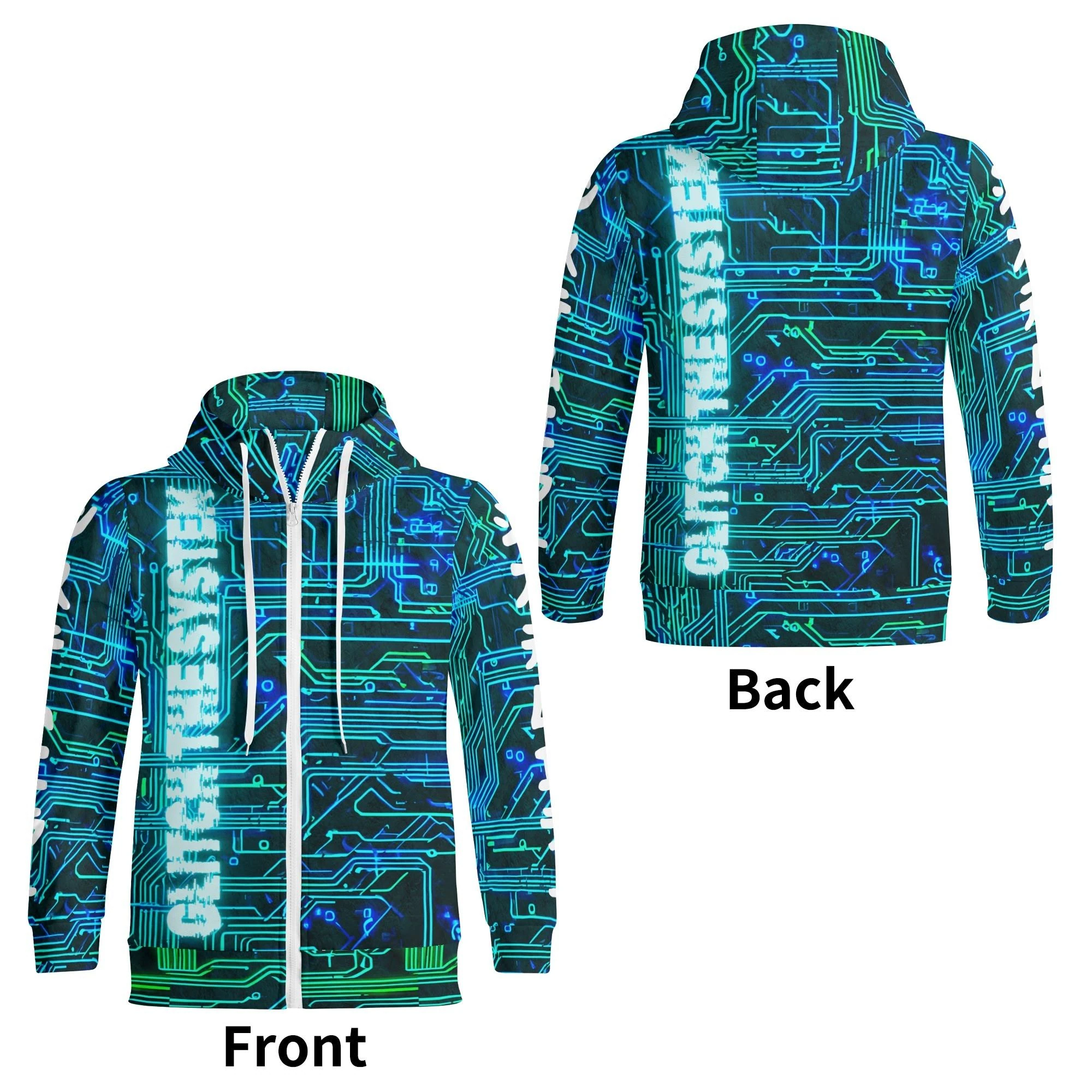 Sudadera negra con capucha y cremallera completa, estampado de circuitos electrónicos en azul y verde neón, y texto "glitch the system" en efecto distorsionado.