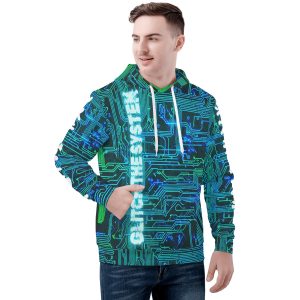 Sudadera negra de terciopelo con estampado all-over de circuitos electrónicos en azul y verde neón, texto "glitch the system" en efecto glitch y bolsillo frontal.