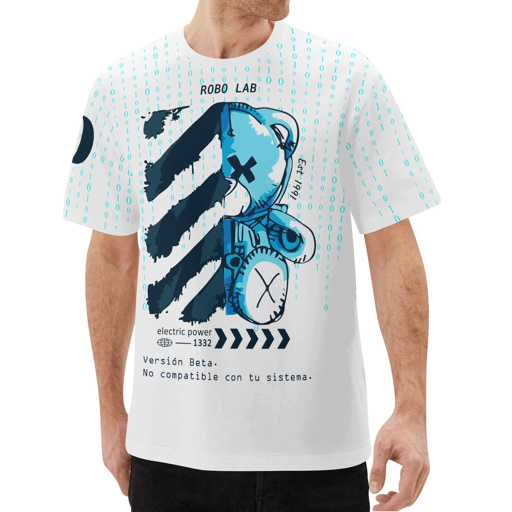 Camiseta para hombre ROBO LAB // Error_404 con diseño binario retro-futurista y mensaje ERROR_404_NOT_FOUND, estampado completo frontal y trasero.