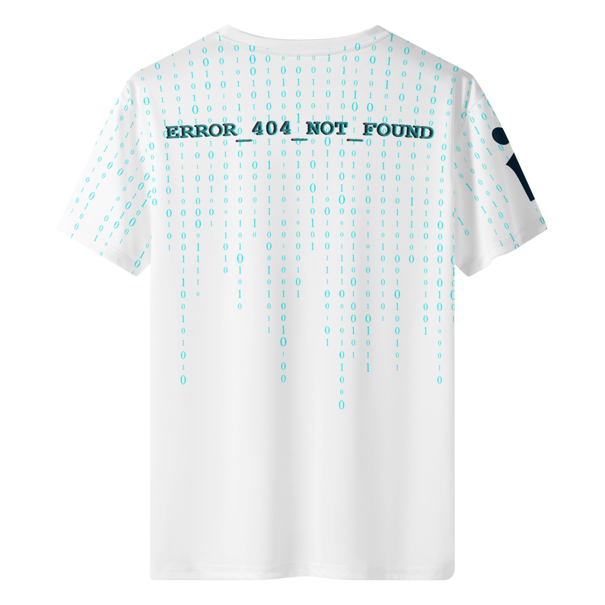 Camiseta para hombre ROBO LAB // Error_404 con diseño binario retro-futurista y mensaje ERROR_404_NOT_FOUND, estampado completo frontal y trasero.