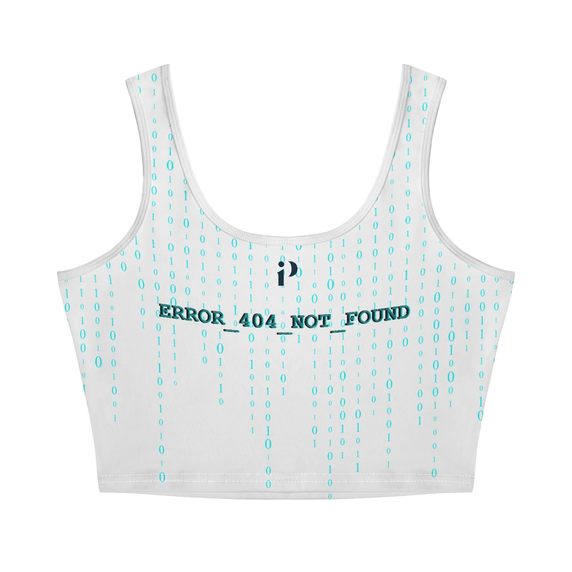 Crop top de mujer con estampado glitch de robot dañado y código binario, diseño “ROBO LAB”, fondo azul cian, mensaje ERROR_404_NOT_FOUND