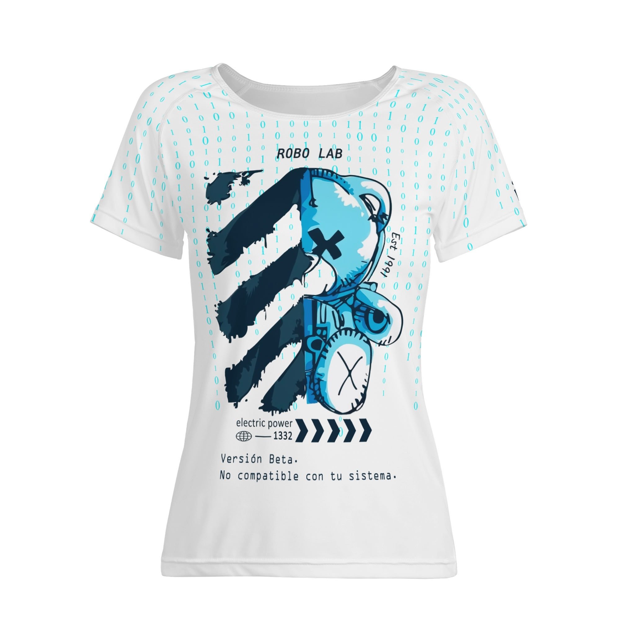 Camiseta técnica de mujer con estampado integral de robot glitch y fondo de código binario
