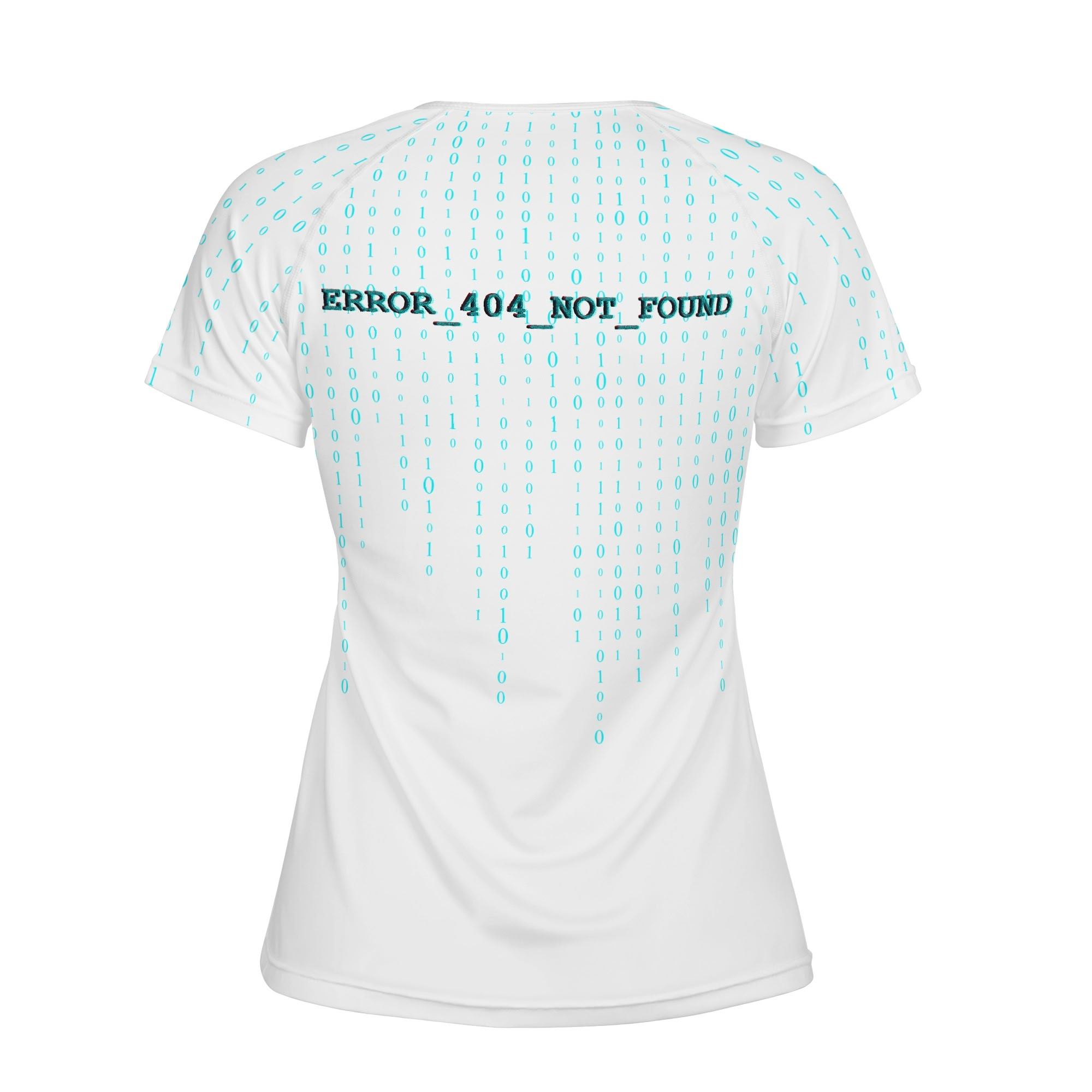 Camiseta técnica de mujer con estampado integral de robot glitch y fondo de código binario