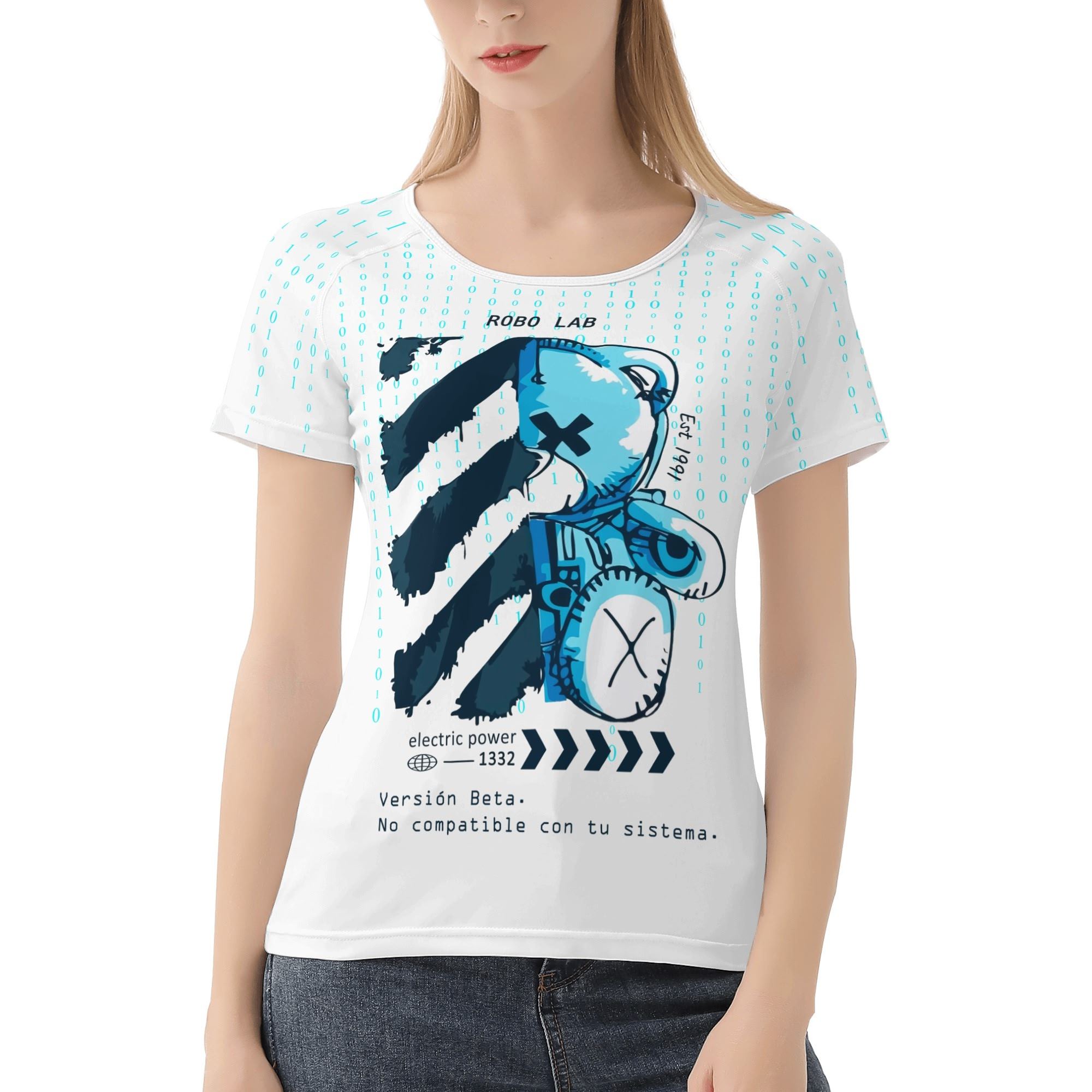 Camiseta técnica de mujer con estampado integral de robot glitch y fondo de código binario