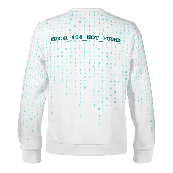 Imagen frontal de la sudadera unisex ROBO LAB con diseño glitch de robot dañado y código binario. Vista trasera con texto "ERROR_404_NOT_FOUND" en fondo azul con caída de datos digitales.