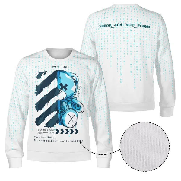 Imagen frontal de la sudadera unisex ROBO LAB con diseño glitch de robot dañado y código binario. Vista trasera con texto "ERROR_404_NOT_FOUND" en fondo azul con caída de datos digitales.