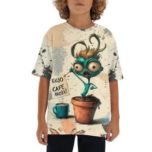 Niño/a vistiendo la camiseta infantil con diseño cómico “Exijo Café Ahora” en colores vibrantes.