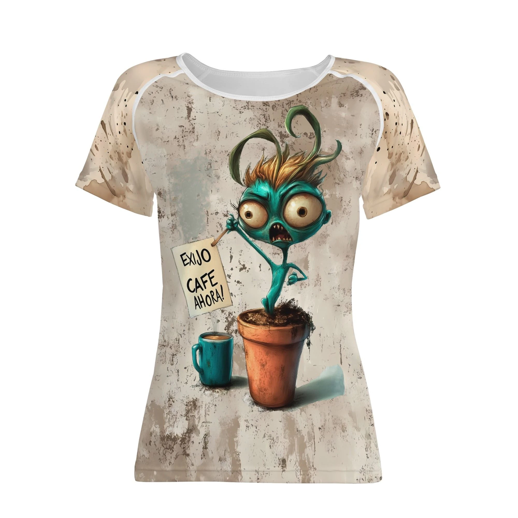Camiseta de mujer con diseño cómico “Exijo Café Ahora” y estampado full print de personaje caricaturesco pidiendo café.