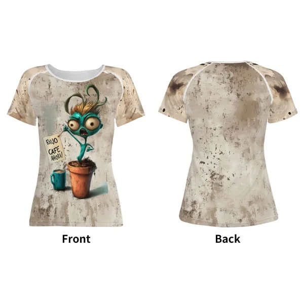 Camiseta de mujer con diseño cómico “Exijo Café Ahora” y estampado full print de personaje caricaturesco pidiendo café.