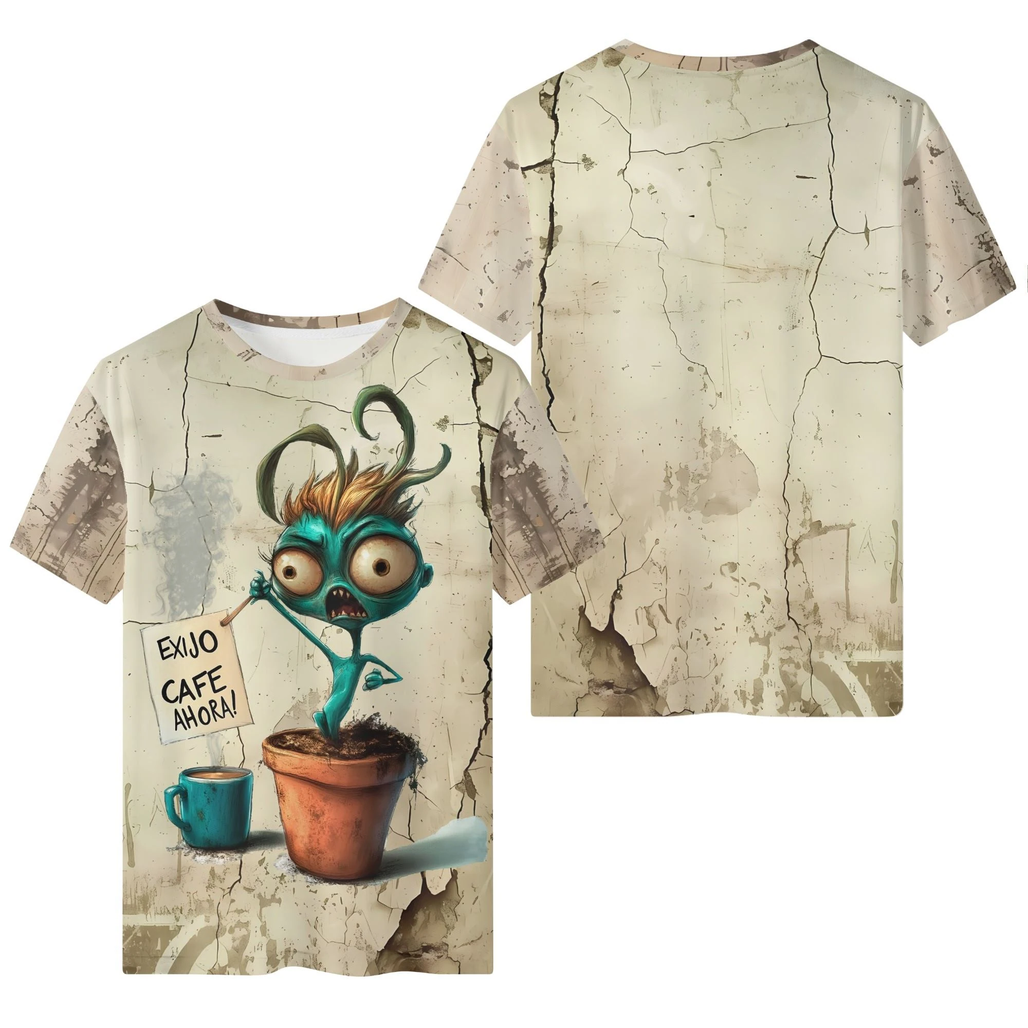 Camiseta clásica de hombre con estampado integral de una planta histérica exigiendo café en fondo agrietado. Vista frontal y trasera de la prenda.