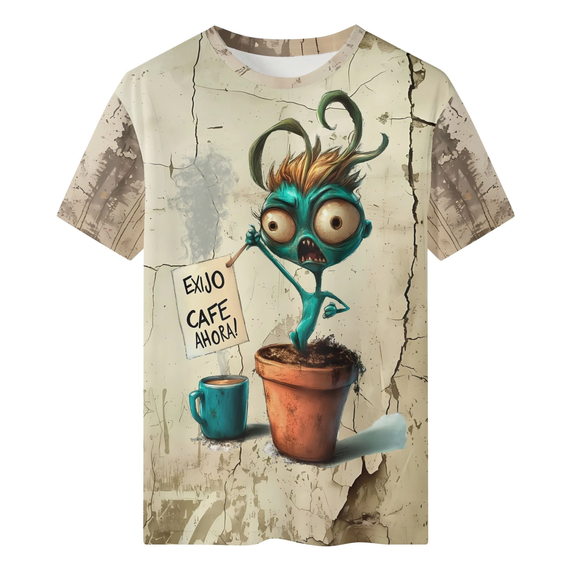 Camiseta clásica de hombre con estampado integral de una planta histérica exigiendo café en fondo agrietado. Vista frontal y trasera de la prenda.